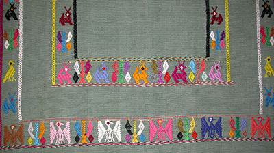This textile was woven on a back strap loom and sold by the Grupo María Nazareth in San Juan Cotzal.  The designs are supplementary weft brocading.  Photo by Kathleen Mossman Vitale 2005.