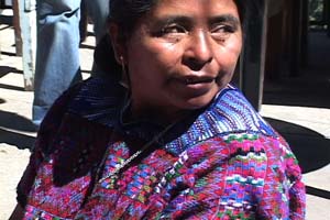 Internationally known weaver Santiaga Mendoza Pabla uses her back strap loom on a patio behind the women's weaving cooperative Estrella de Occidente, which she runs.  Photo by Kathleen Mossman Vitale 2005.